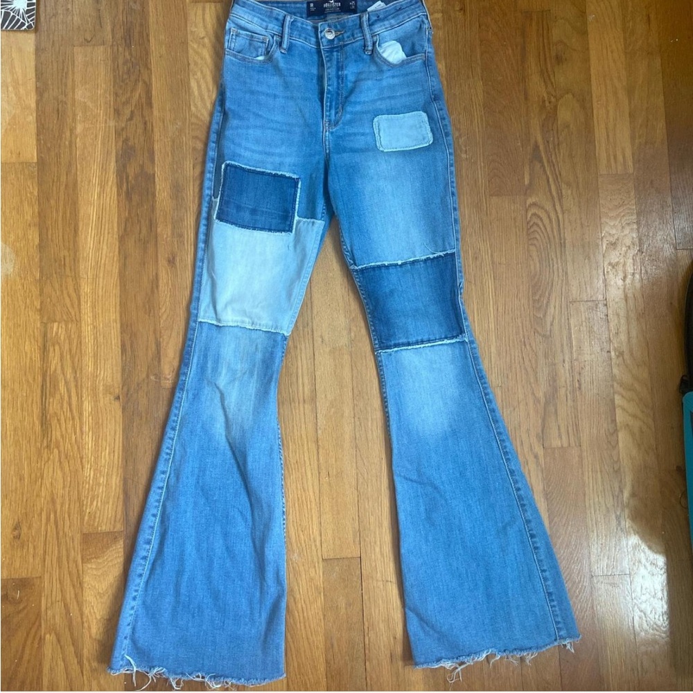 Hollister Blue Flare Wide Leg Jeans with Distressed Details